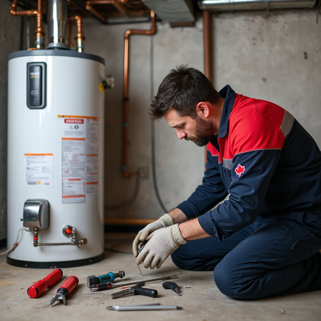 Bucky's Water Heaters Now technician performs water heater repairs with tools in a Calgary basement