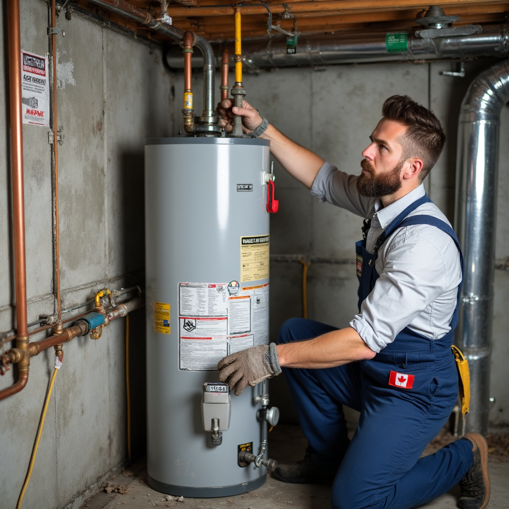 Bucky's Water Heaters Now technician adjusting residential hot water tank in Calgary basement