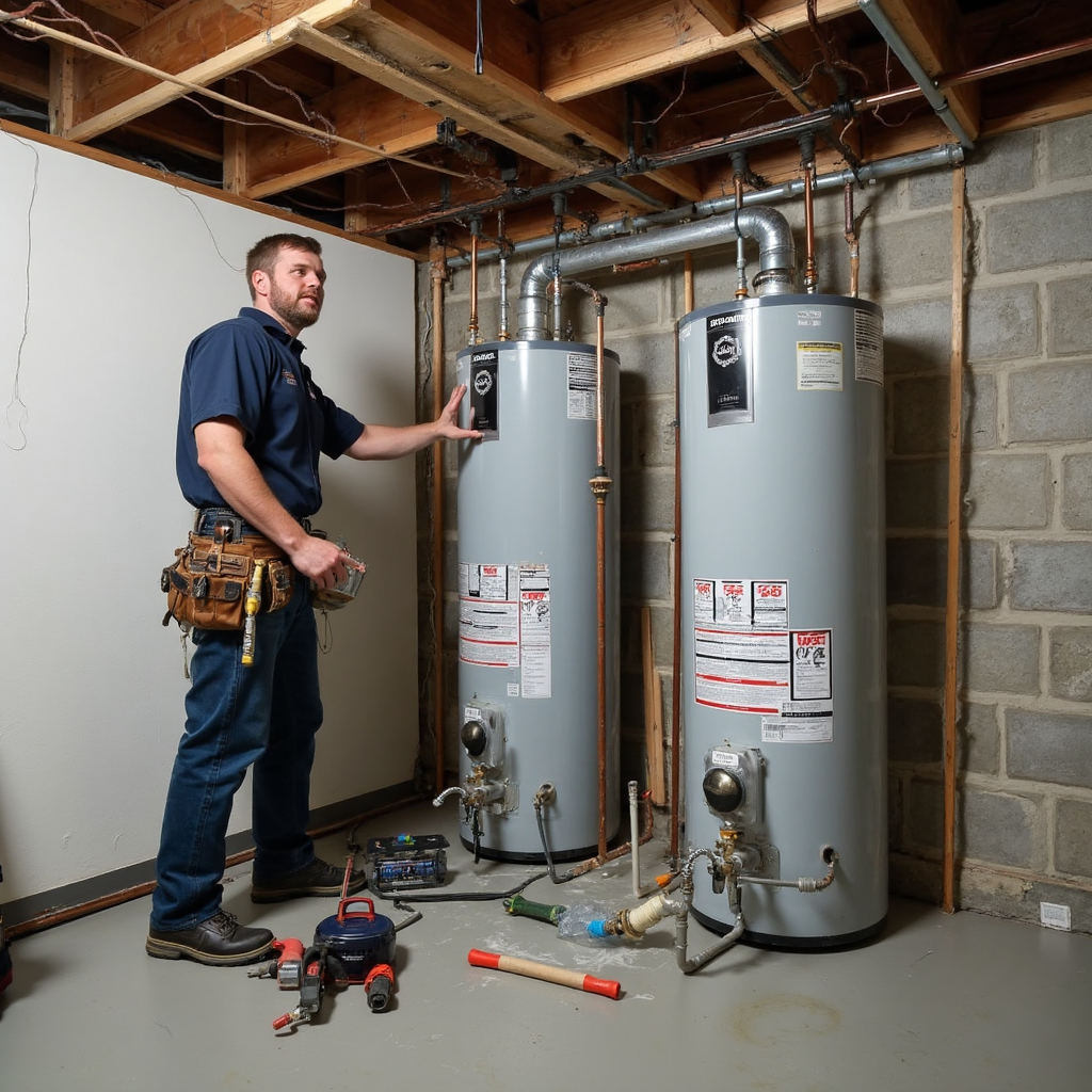 Bucky's Water Heaters Now technician inspecting dual hot water tanks in a Calgary home basement