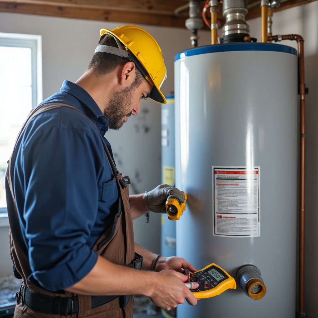 Bucky's Water Heaters Now technician in safety gear performing diagnostic test on hot water tank in Calgary