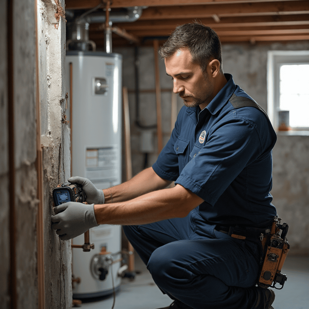 Technician inspecting hot water tank in a Calgary basement, Bucky's Water Heaters Now installation and repair expert