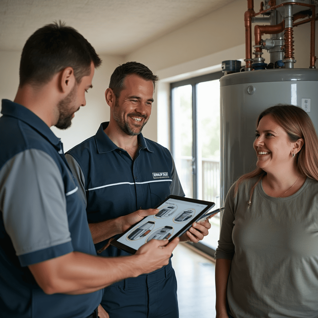 Two Bucky's Water Heaters Now technicians consulting customer about residential water heater options in Calgary
