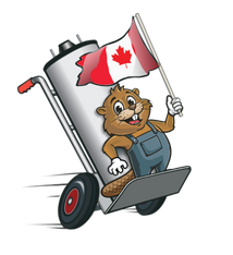 Cartoon beaver mascot in overalls holding a Canadian flag beside a water heater, logo for Bucky's Water Heaters Now Calgary experts