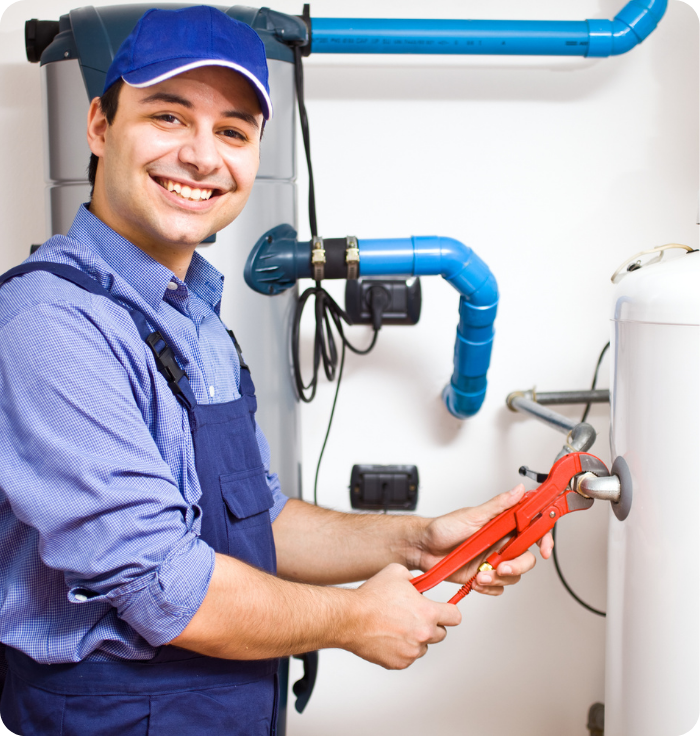 Technician using wrench on water heater, Bucky's Water Heaters Now mascot, Calgary installation and repair specialists