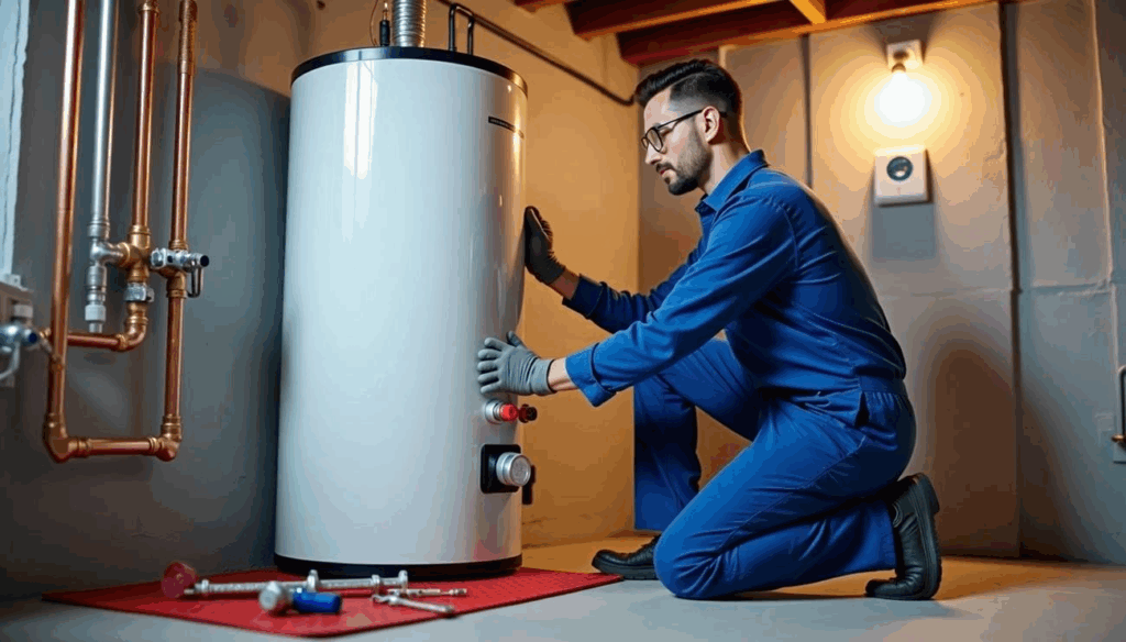 Technician installing tankless water heater for Bucky’s Water Heaters Now in Calgary