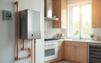 Modern tankless water heater with copper piping installed on a kitchen wall near a thermostat in calgary